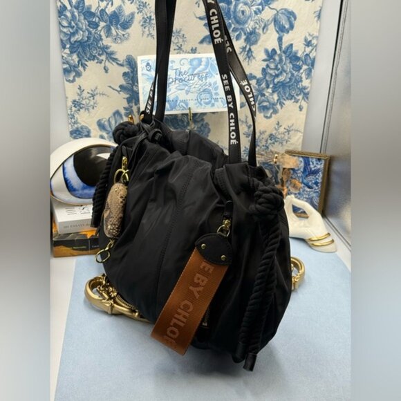 🆕 SEE BY CHLOE 🧿 NWOT Flo Shoulder Bag, Black Nylon - Picture 9 of 16